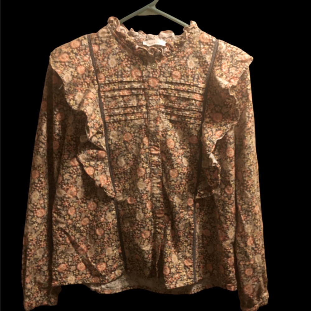 Lovie & Co sz Large Brown and Orange Floral Ruffle Flannel Top